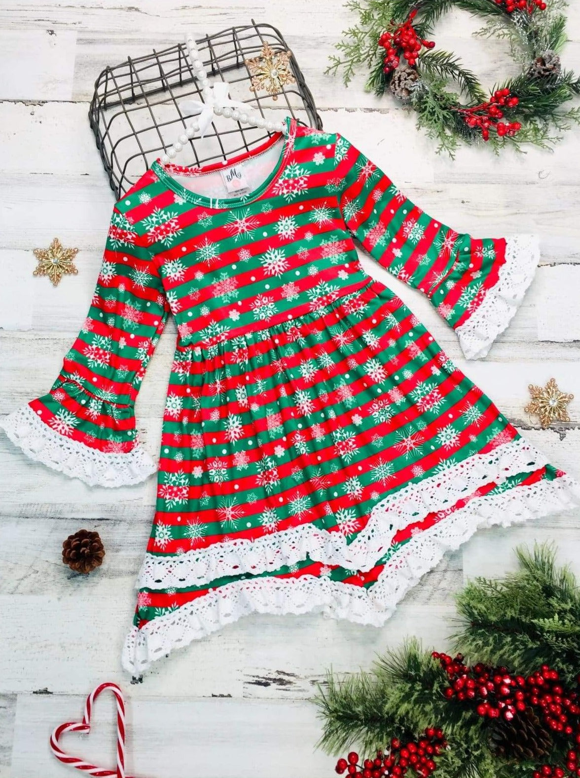 Girls Printed Ruffled Long Sleeve 2-Tiered Crochet Dress - Green / 2T/3T - Girls Christmas Dress
