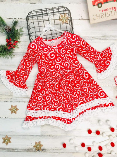 Girls Printed Ruffled Long Sleeve 2-Tiered Crochet Dress - Red / 2T/3T - Girls Christmas Dress