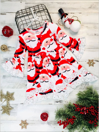 Girls Printed Ruffled Long Sleeve 2-Tiered Crochet Dress - White / 2T/3T - Girls Christmas Dress