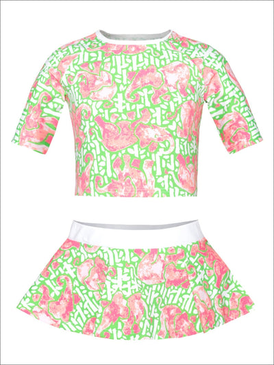 Girls Printed Skirted Rash Guard Two Piece Swimsuit - Green / 2T/3T - Girls Two Piece Swimsuit