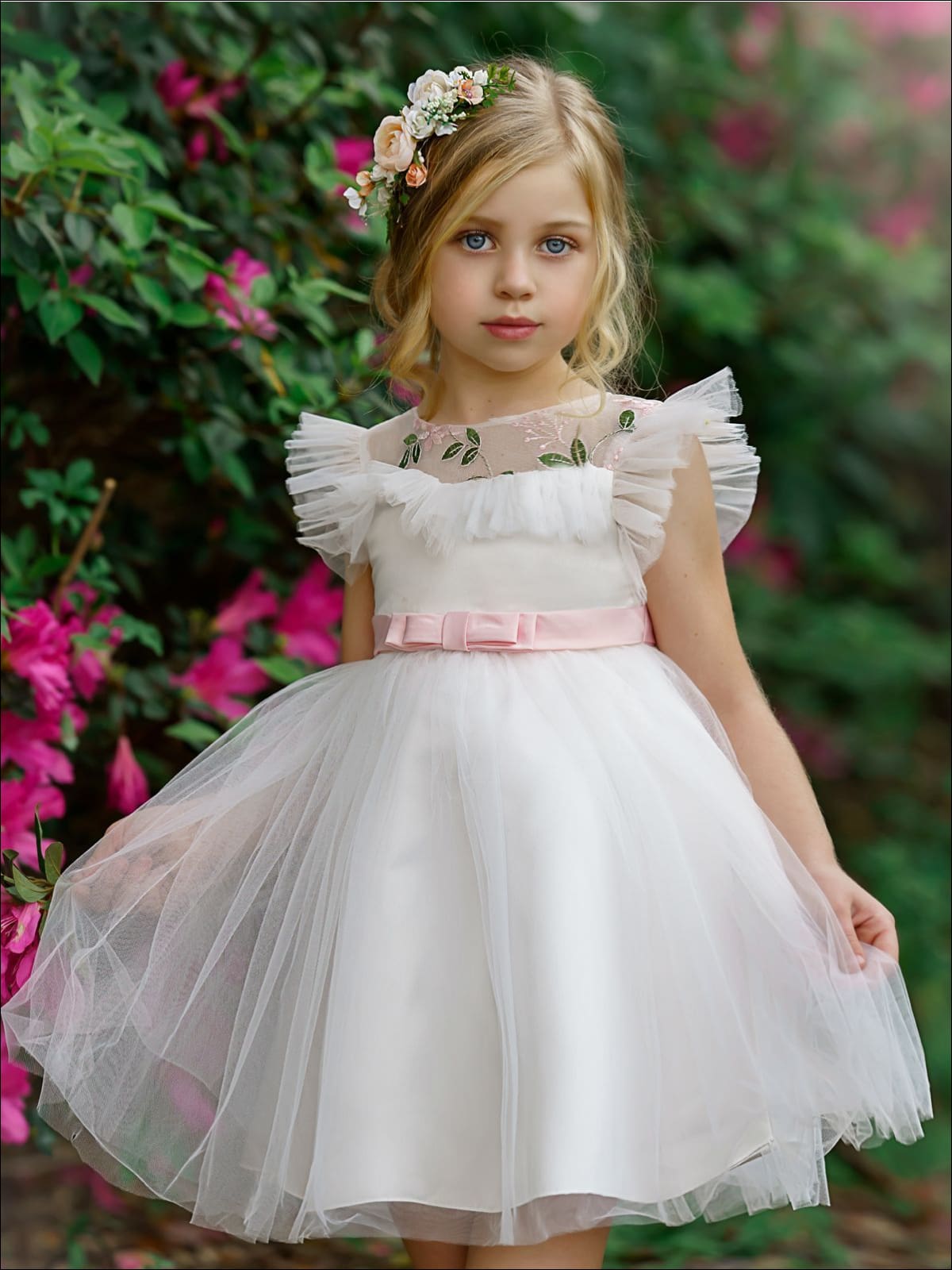 Girls Puffy Lace Flower Embroidered Dress - White / 3T/4T - Girls Spring Dressy Dress