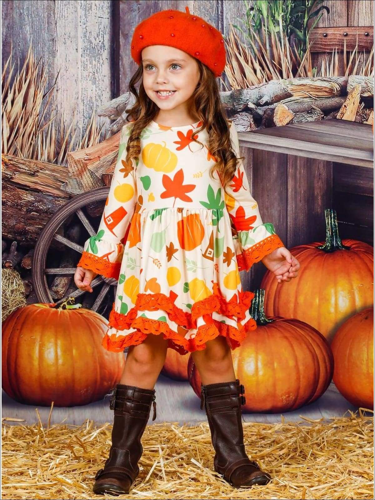 Girls Pumpkin Leaves Print 2-Tiered Crochet Long Flared Sleeve Dress - Girls Fall Casual Dress