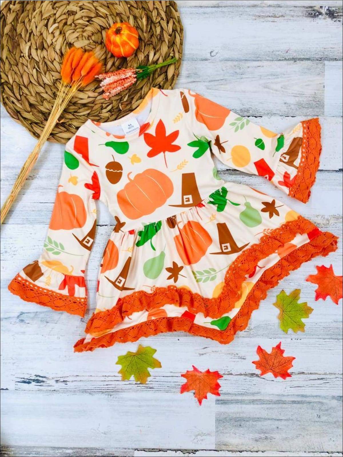 Girls Pumpkin Leaves Print 2-Tiered Crochet Long Flared Sleeve Dress - Beige / 2T - Girls Fall Casual Dress