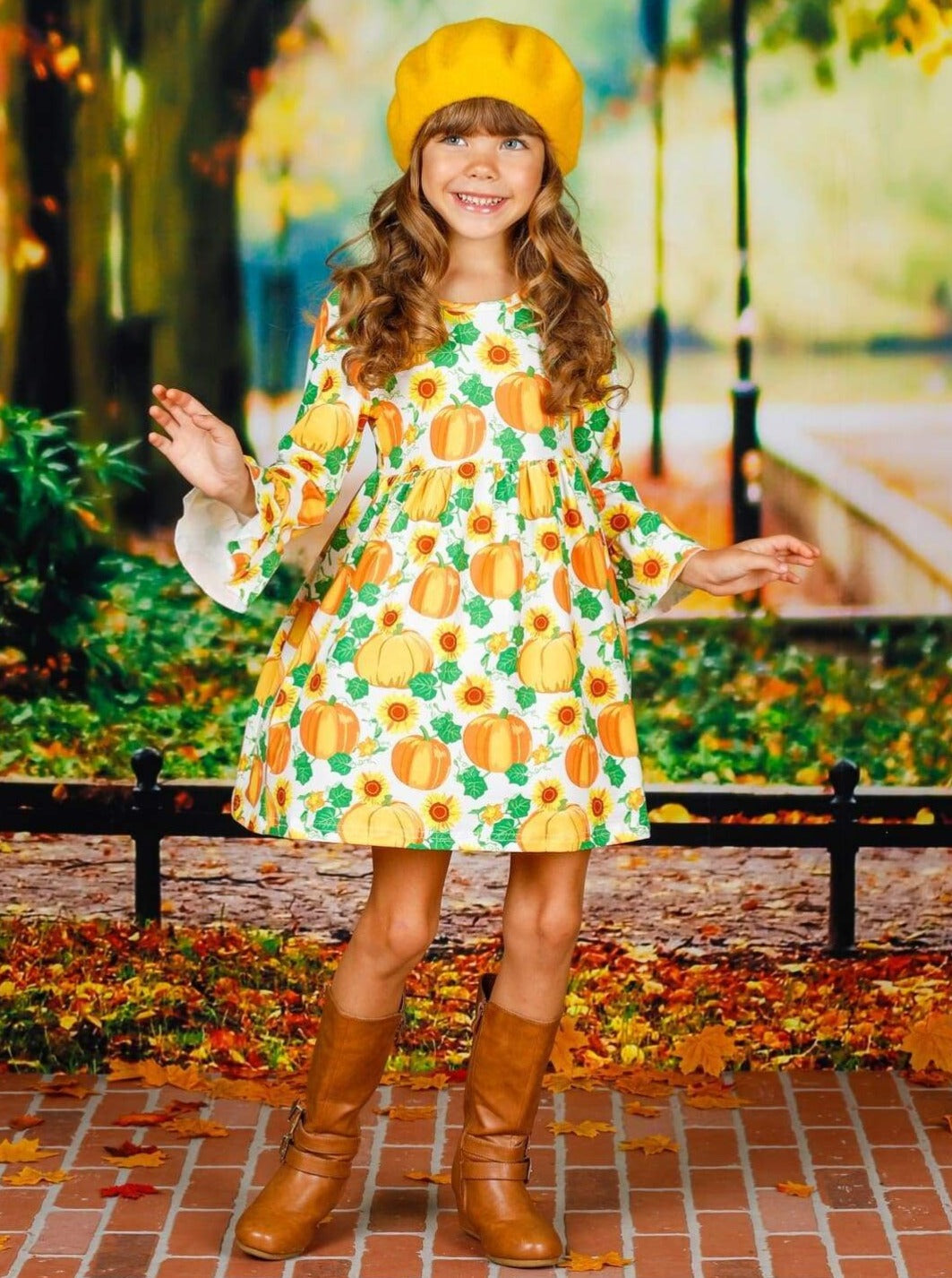 Girls Pumpkin Leaves Print Ruffled Sleeve Dress - Girls Fall Casual Dress