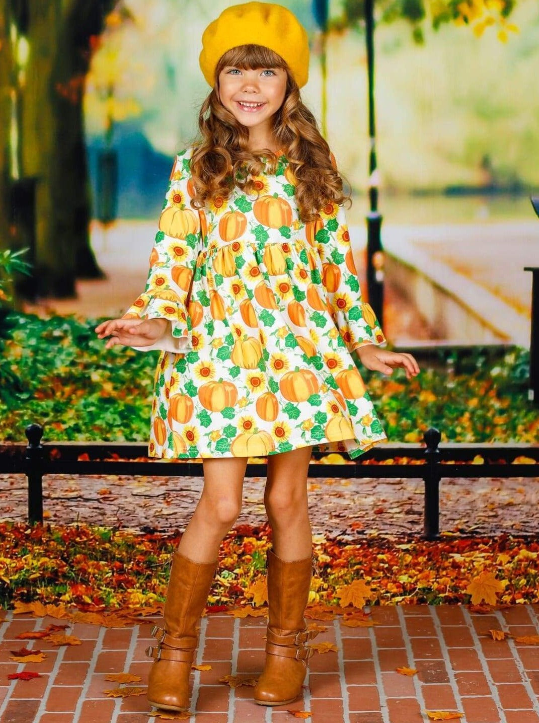 Girls Pumpkin Leaves Print Ruffled Sleeve Dress - Girls Fall Casual Dress