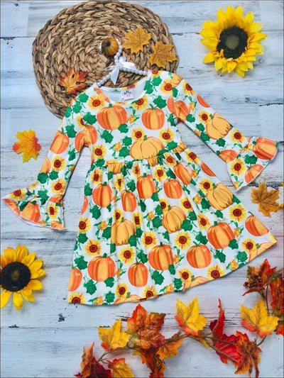 Girls Pumpkin Leaves Print Ruffled Sleeve Dress - Orange / 10Y - Girls Fall Casual Dress