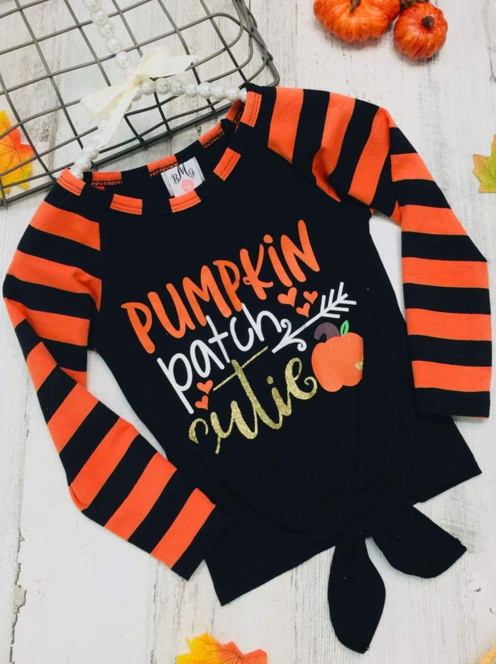Girls Pumpkin Patch Cutie Long Striped Raglan Sleeve Knot Top - Black / 2T - Girls Fall Top