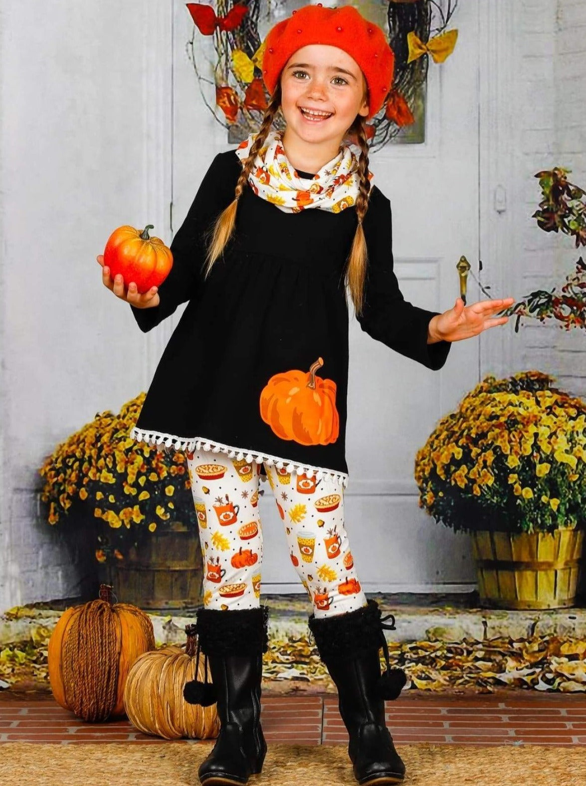 Girls Pumpkin Print Circle Trim Hem Long Sleeve Tunic Leggings & Scarf Set - Girls Fall Casual Set