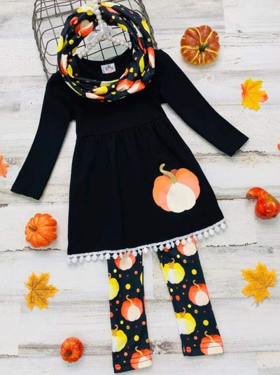 Little girls long-sleeve tunic with pom-pom hem, pumpkin print graphic, and matching leggings and infinity wrap scarf - Mia Belle Girls