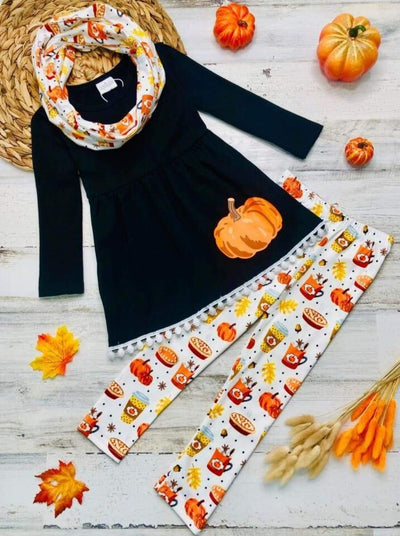 Girls Pumpkin Print Circle Trim Hem Long Sleeve Tunic Leggings & Scarf Set - White / 3T - Girls Fall Casual Set