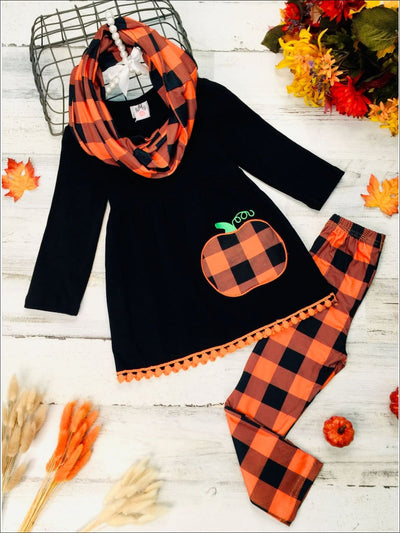 Girls Pumpkin Print Circle Trim Hem Long Sleeve Tunic Plaid Leggings & Scarf Set - Black / 3T - Girls Fall Casual Set