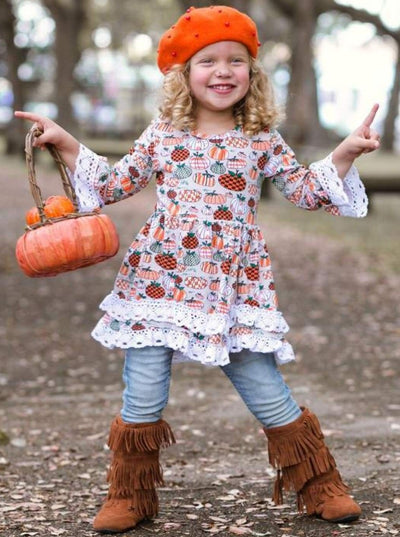 Little Girls Fall Top | Crochet Pumpkin Tiered Tunic - Mia Belle Girls