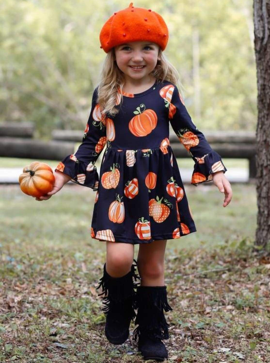 Girls Fall Dresses | Pumpkin Print A-Line Dress - Mia Belle Girls