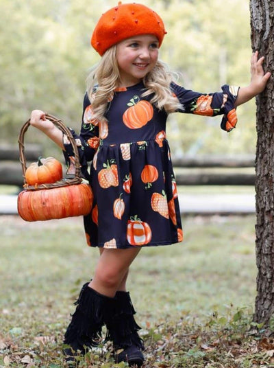 Girls Fall Dresses | Pumpkin Print A-Line Dress - Mia Belle Girls