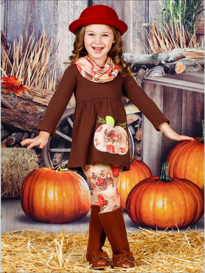 Girls Pumpkin Print Long Sleeve Tunic Leggings & Scarf Set - Girls Fall Casual Set