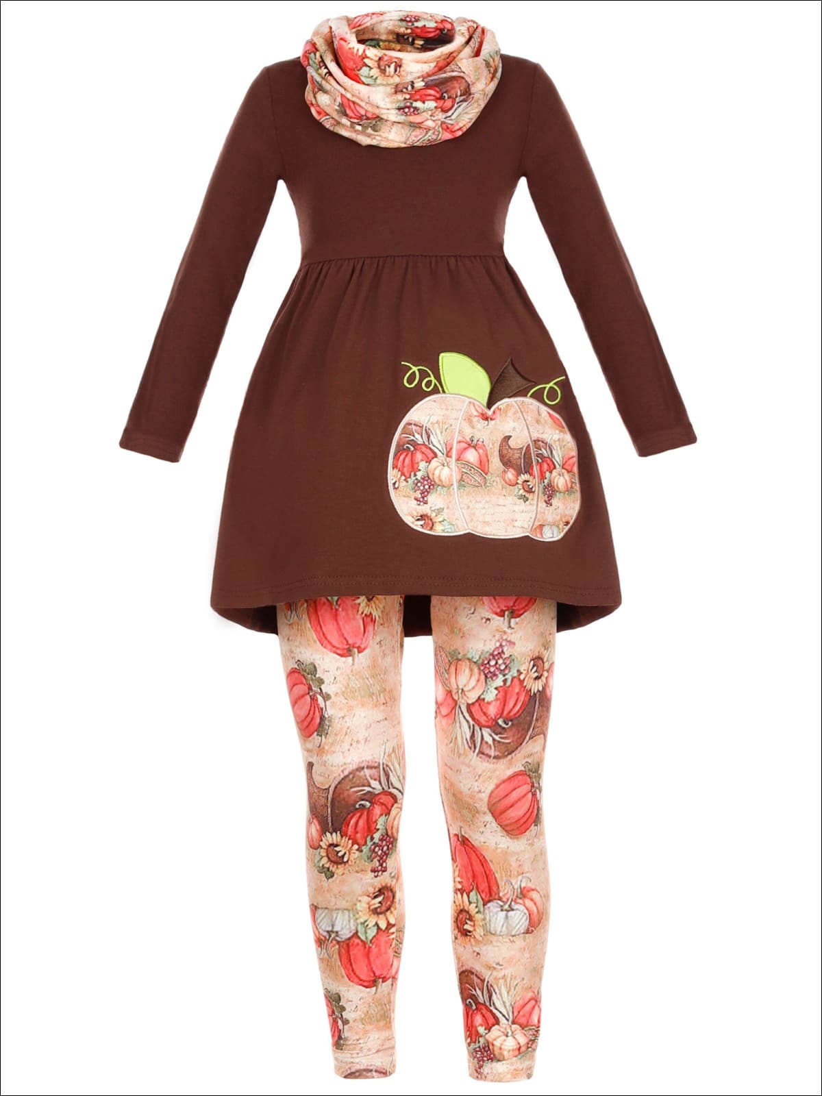 Girls Pumpkin Print Long Sleeve Tunic Leggings & Scarf Set - Brown / S-3T - Girls Fall Casual Set