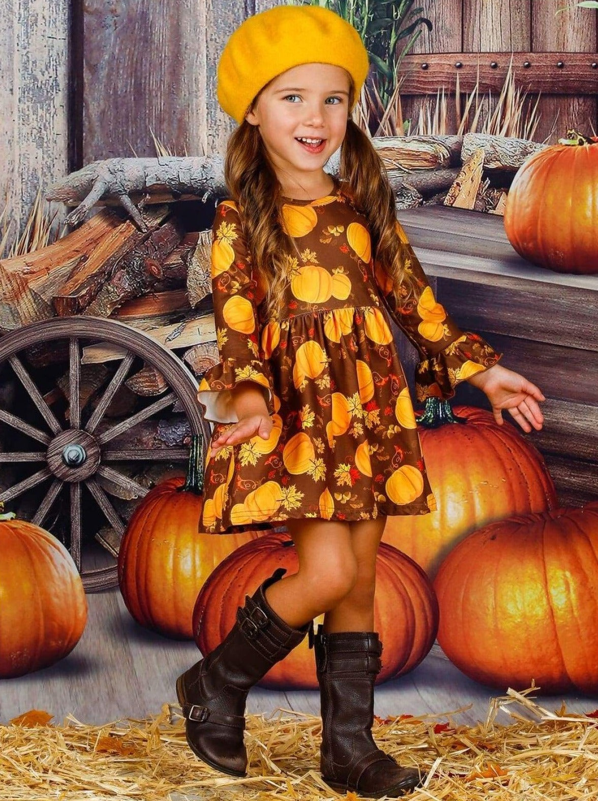 Girls Pumpkin Print Ruffled Long Sleeve Dress - Girls Fall Casual Dress