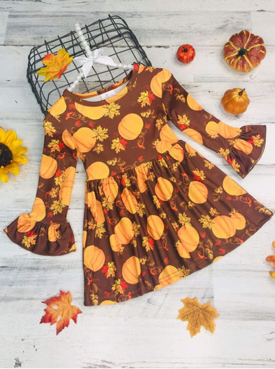 Girls Pumpkin Print Ruffled Long Sleeve Dress - Brown / 2T - Girls Fall Casual Dress