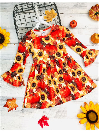 Girls Pumpkin Print Ruffled Long Sleeve Dress - Orange / 2T - Girls Fall Casual Dress