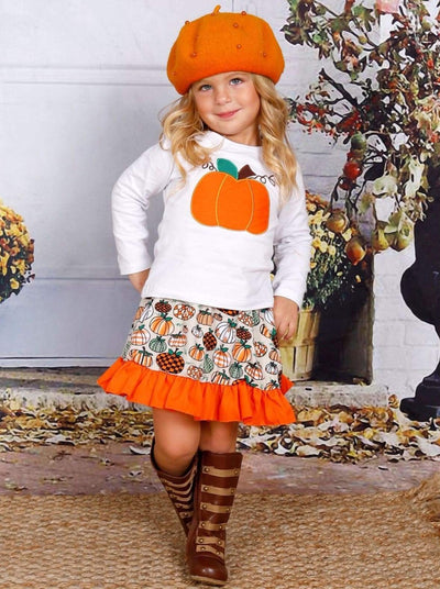 Girls Pumpkin Printed Long Sleeve Top & Ruffled Skirt Set - Girls Fall Casual Set
