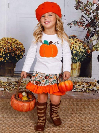 Girls Pumpkin Printed Long Sleeve Top & Ruffled Skirt Set - Girls Fall Casual Set