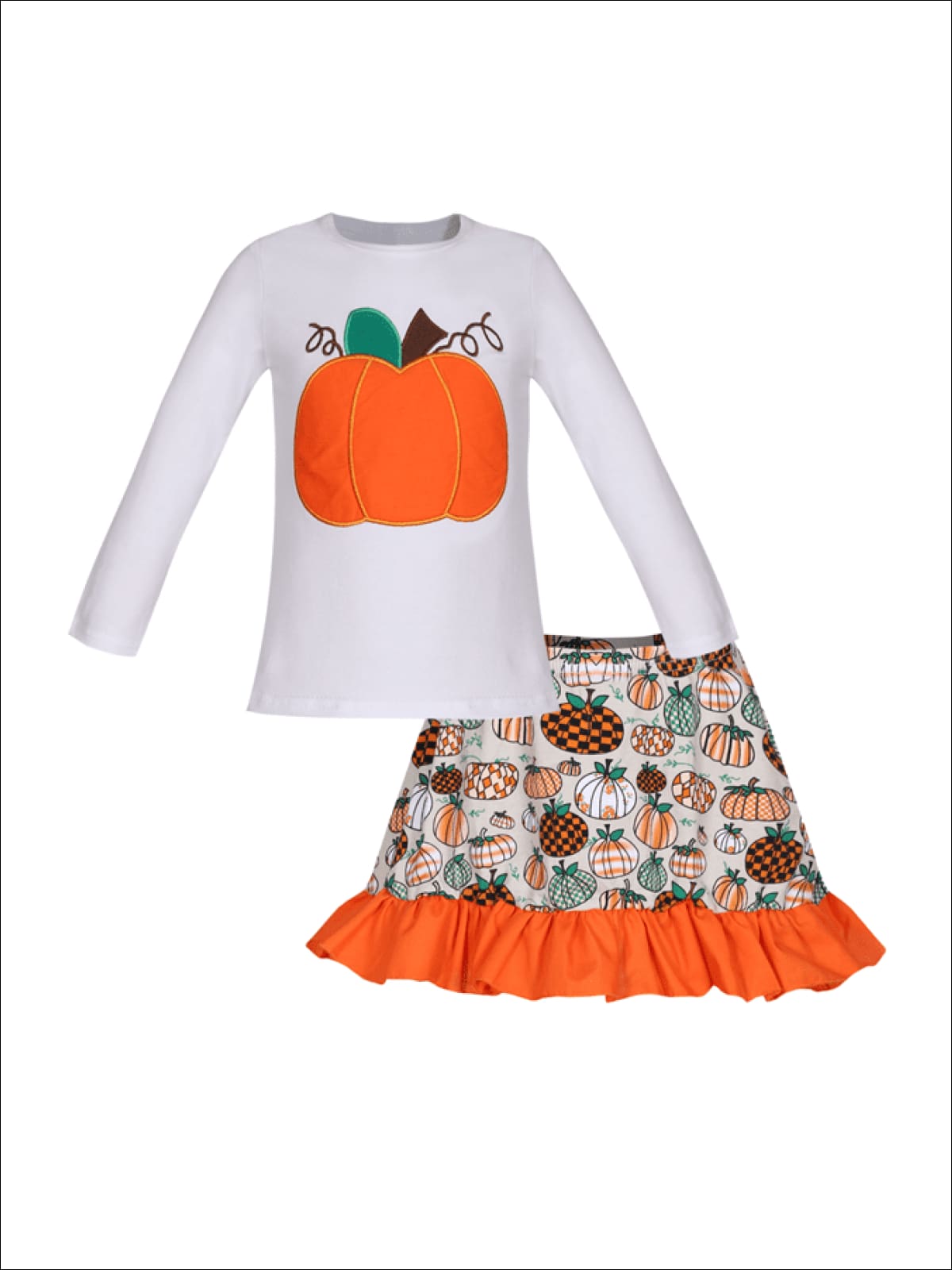 Girls Pumpkin Printed Long Sleeve Top & Ruffled Skirt Set - Orange / XS-2T - Girls Fall Casual Set