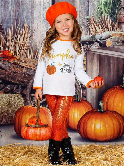Girls Fall Outfit | Pumpkin Top & Sequin Legging Set - Mia Belle Girls