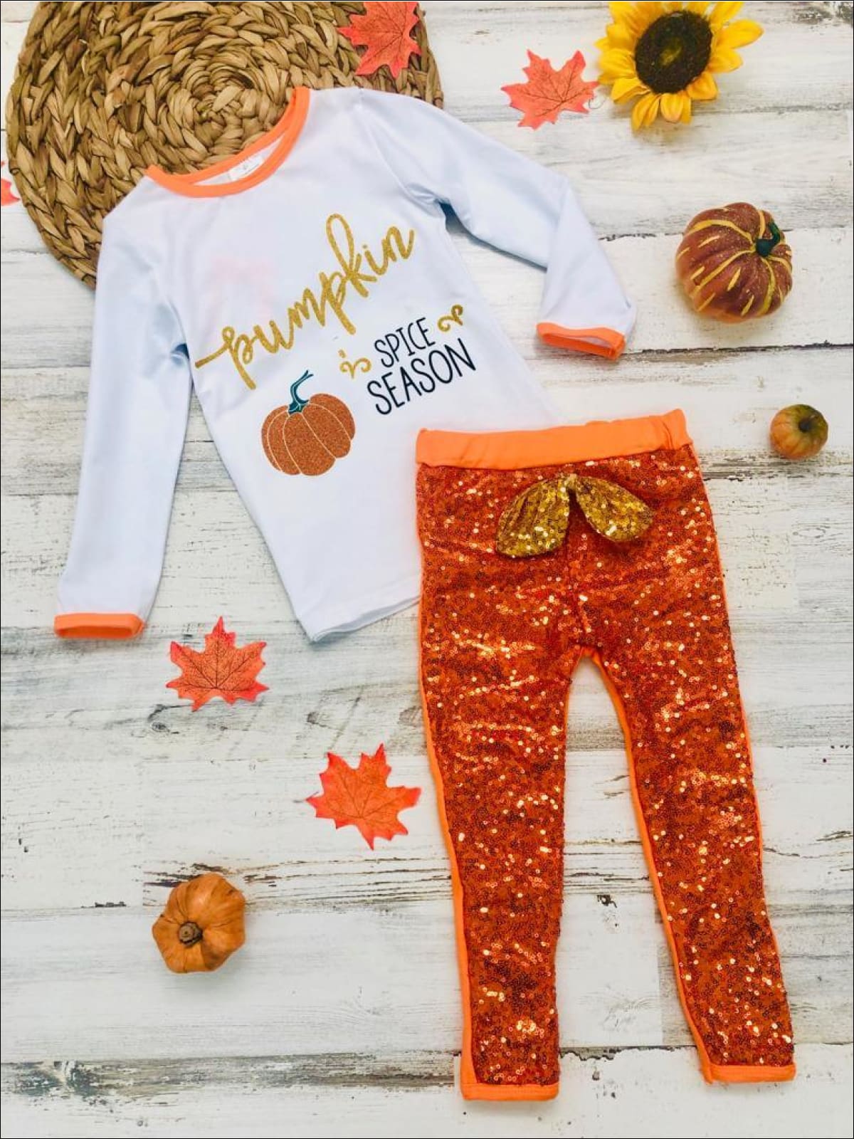 Little girls fall long-sleeve "Pumpkin Spice Season" glitter graphic top with sequin mesh leggings finished with a bow - Mia Belle Girls