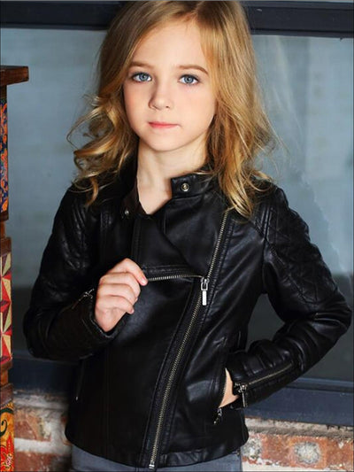 Girls Quilted Sleeve Synthetic Leather Moto Jacket - Black / 3T - Girls Jacket