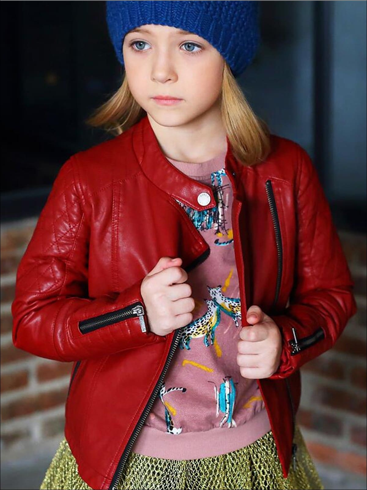 Girls Quilted Sleeve Synthetic Leather Moto Jacket - Red / 3T - Girls Jacket
