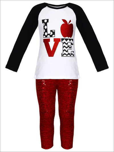 Little girls back to school "Love" raglan sleeve top with apple graphic and sequin mesh leggings - Mia Belle Girls