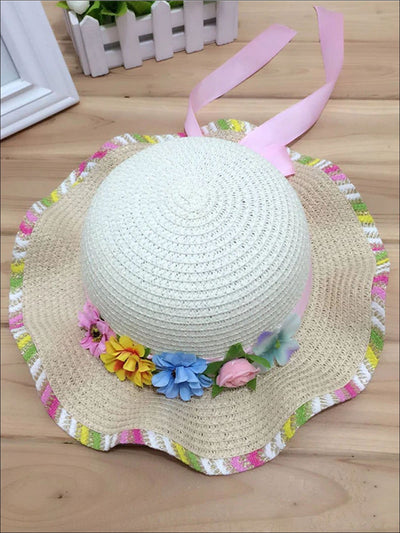 Girls Rainbow Floral Straw Hat - Beige - Girls Hats