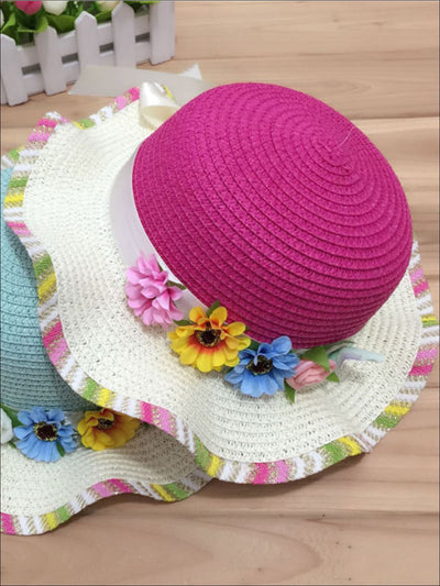 Girls Rainbow Floral Straw Hat - Hot Pink - Girls Hats