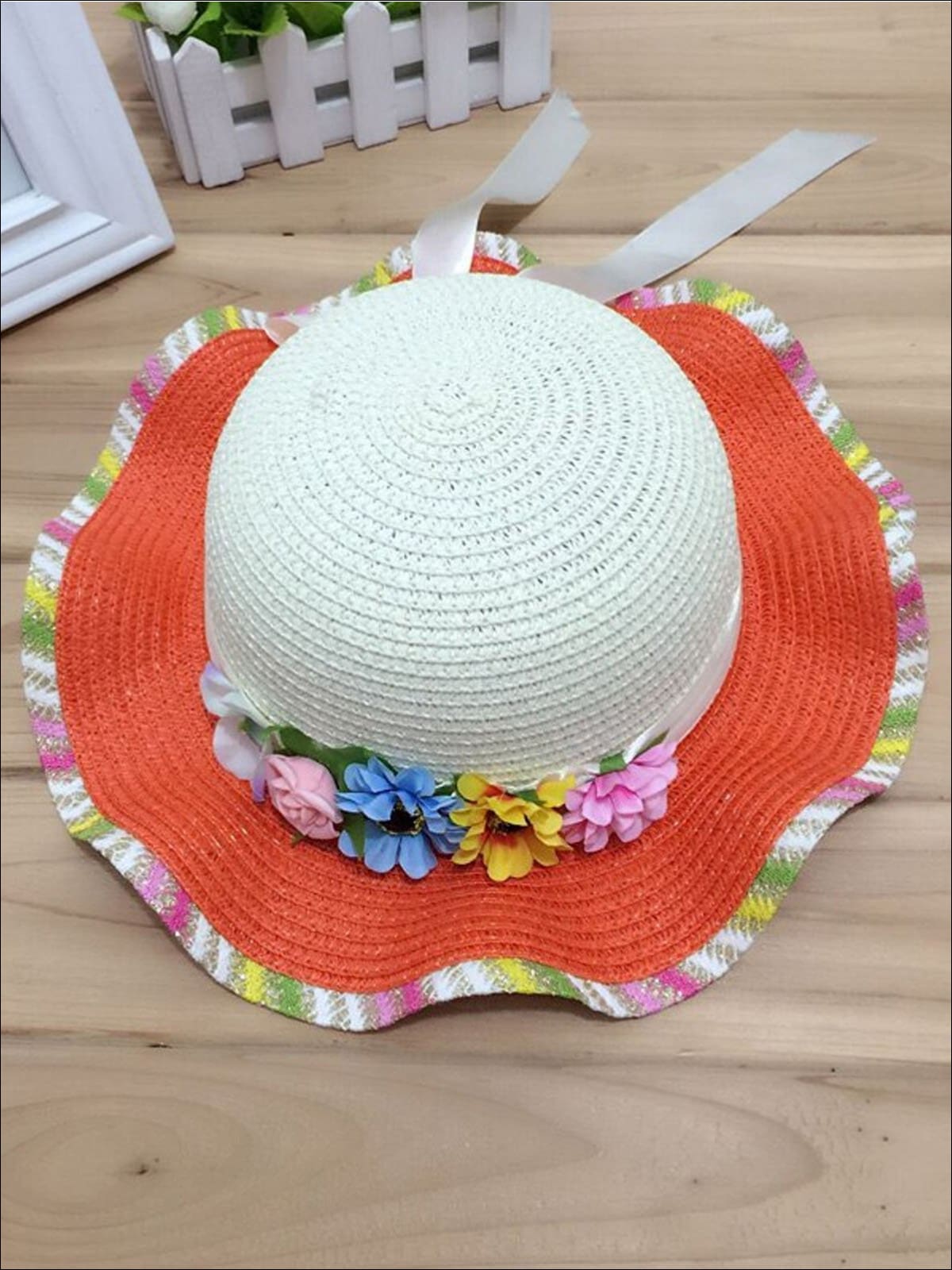 Girls Rainbow Floral Straw Hat - Orange - Girls Hats