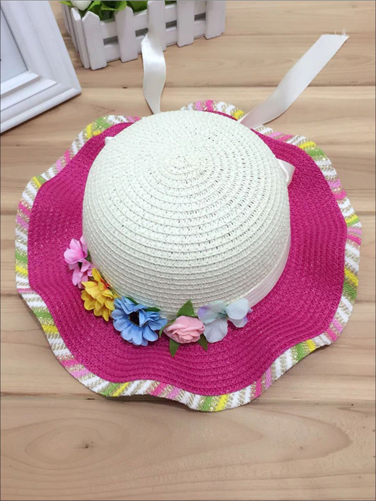 Girls Rainbow Floral Straw Hat - White - Girls Hats