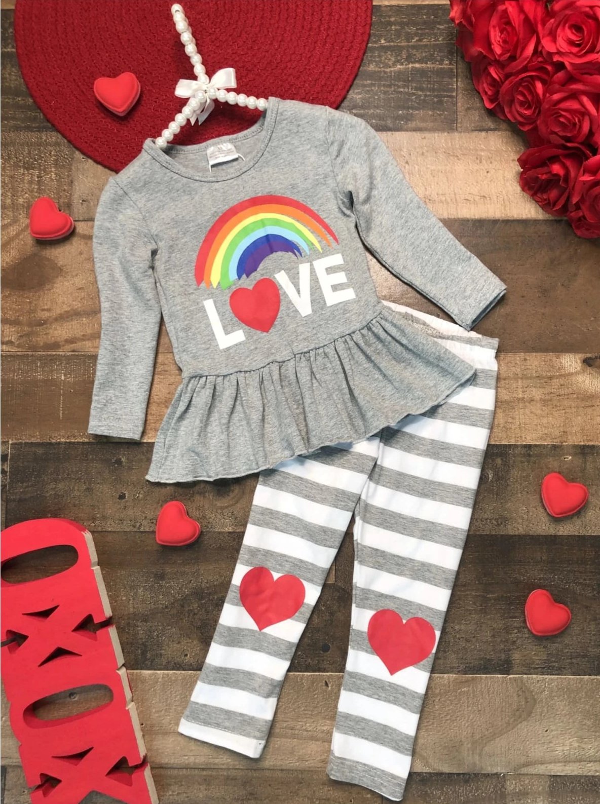 Girls Rainbow Love Peplum Top and Striped Heart Leggings Set - Grey / 2T - Girls Fall Casual Set