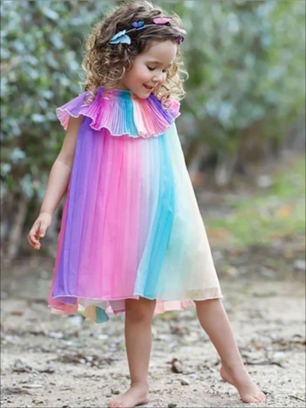 Girls Rainbow Pleaded Collar Dress - Girls Spring Casual Dress