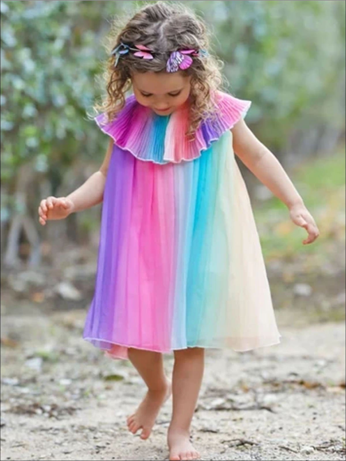 Girls Rainbow Pleaded Collar Dress - Girls Spring Casual Dress