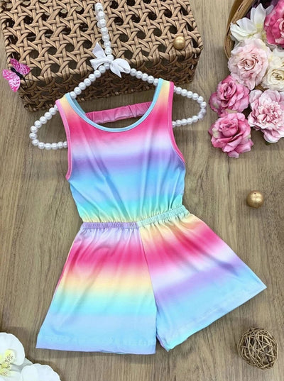 Girls Spring Outfits | Girls Vibrant Rainbow Tie Dye Open Back Romper