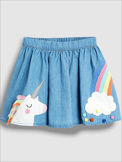 Girls Rainbow Unicorn Patched Denim Skirt - Blue / 24M - Girls Skirt