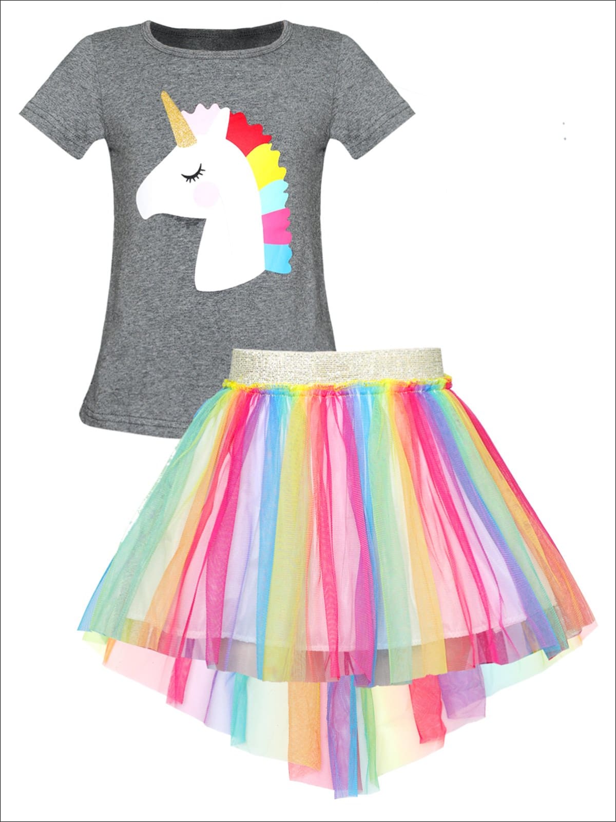 Girls Rainbow Unicorn Top & Hi-Lo Tutu Skirt Set - Girls Spring Casual Set
