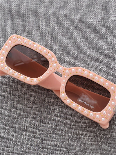 Girls Rectangular Retro Pearl Studded Sunglasses - Pink - Girls Accessories