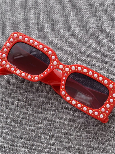 Girls Rectangular Retro Pearl Studded Sunglasses - Red - Girls Accessories