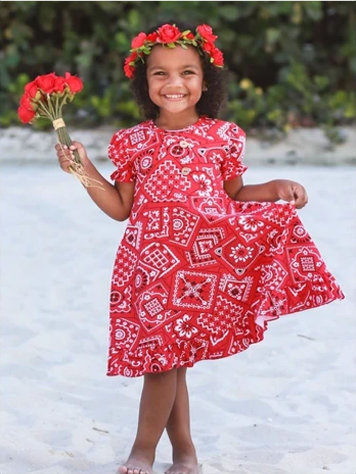 Girls Red Bandana Print A-Line Front Button Ruffled Hem Dress - Girls Spring Casual Dress