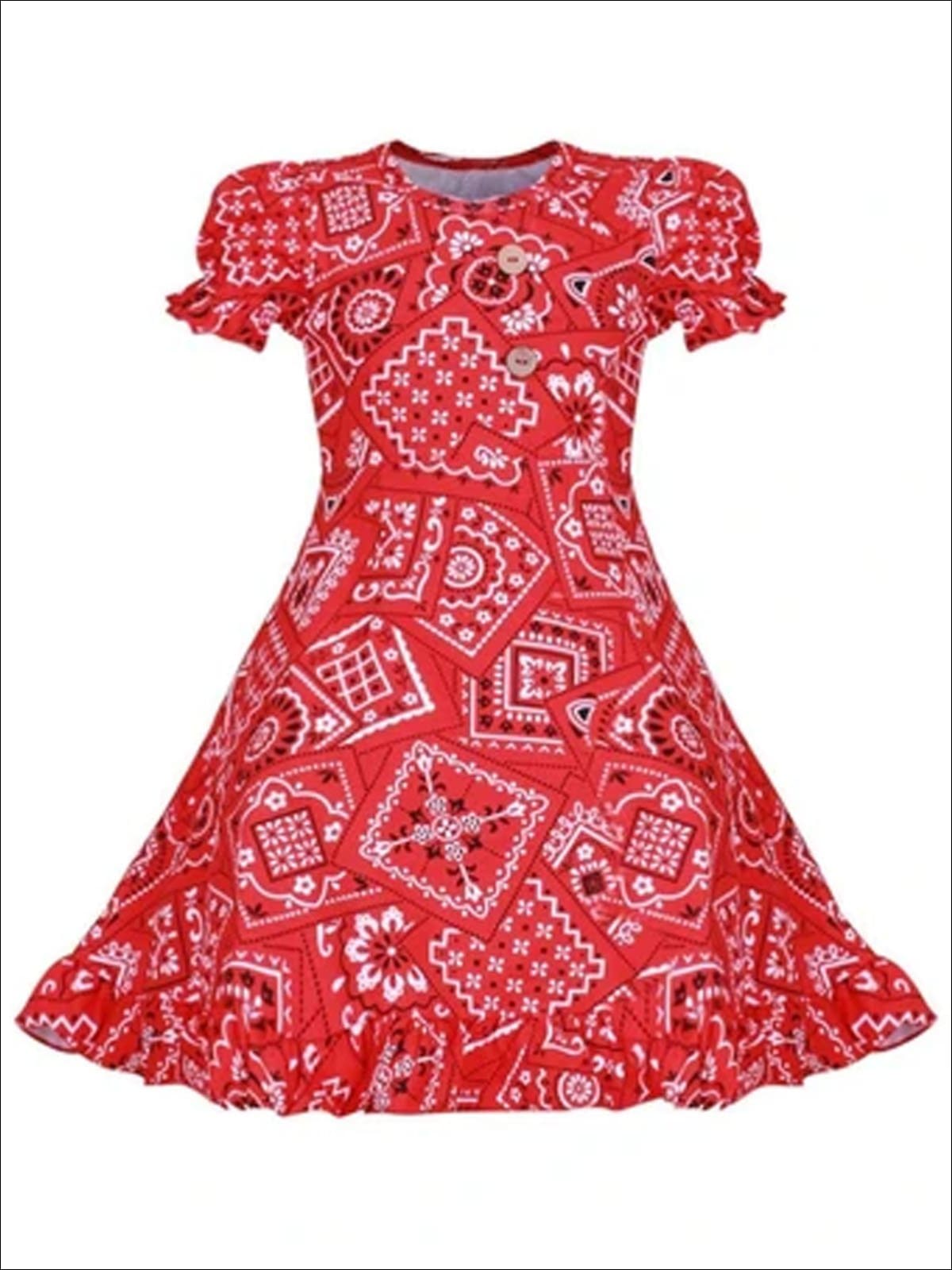 Girls Red Bandana Print A-Line Front Button Ruffled Hem Dress - Red / S-3T - Girls Spring Casual Dress