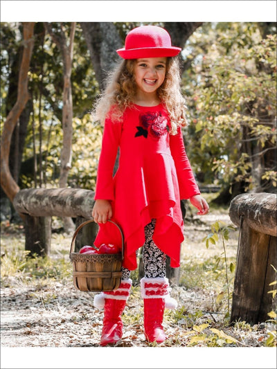 Girls Red & Black Double Layer Cuffed Sleeve Tunic & Leggings Set - Red/Black / 2T/3T - Girls Fall Casual Set