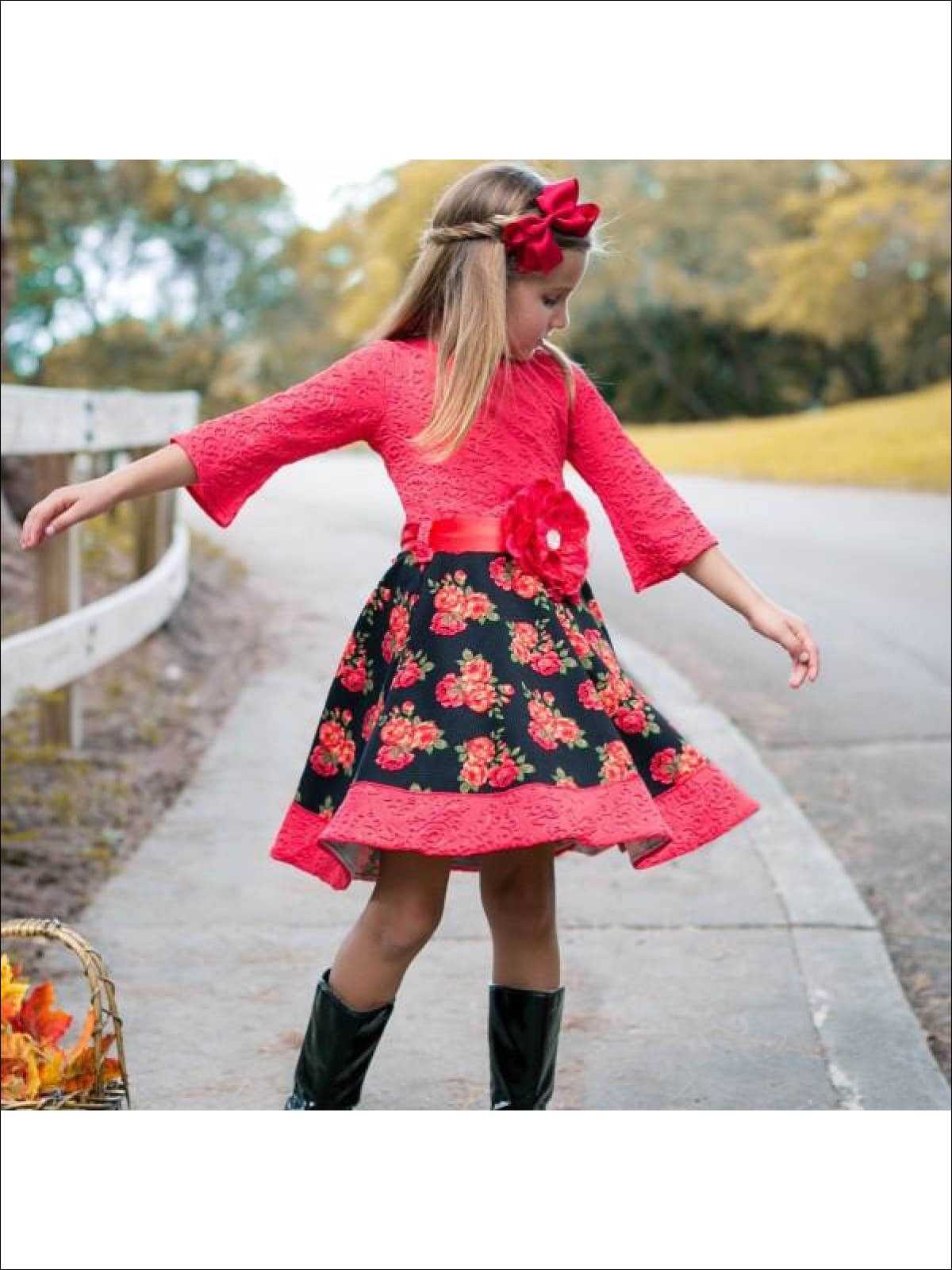 Girls Red Black Floral Circle Skirt Dress - Girls Fall Dress