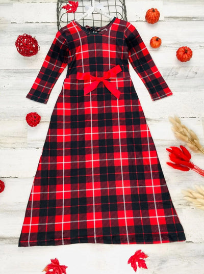 Girls Red & Black Plaid Long Sleeve Maxi Dress with Front Bow - Girls Fall Casual Dress