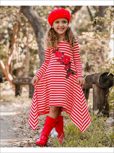 Girls Red & Creme Candy Cane Stripe Sidetail Dress with Rose Applique - Girls Fall Casual Dress