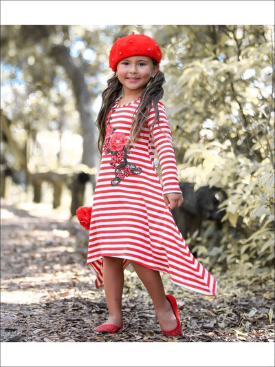 Girls Red & Creme Candy Cane Stripe Sidetail Dress with Rose Applique - Girls Fall Casual Dress